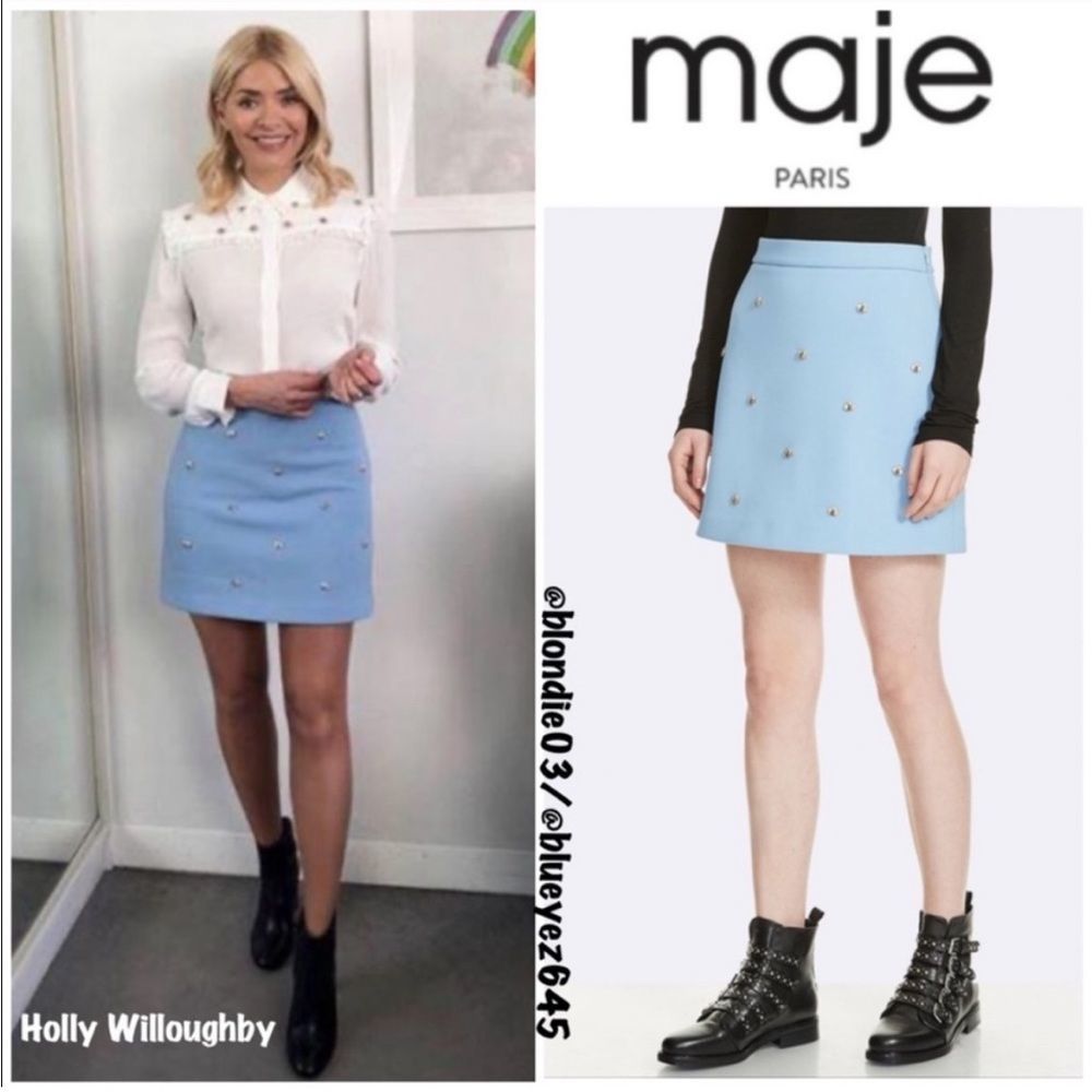 Maje “Jizie” Sky blue bee Embellished crepe mini skirt 1/US S - Picture 1 of 7